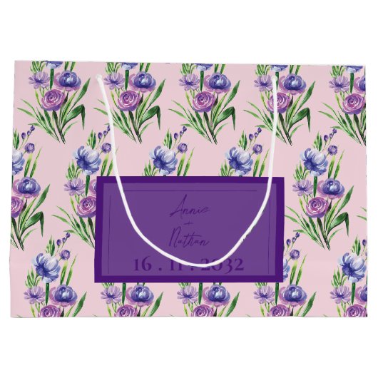Trendy Paarse Blauw Bloempatroon Huwelijksgunst Groot Cadeauzakje (Achterkant)