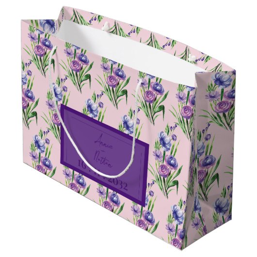 Trendy Paarse Blauw Bloempatroon Huwelijksgunst Groot Cadeauzakje (Achterkant Gekanteld)
