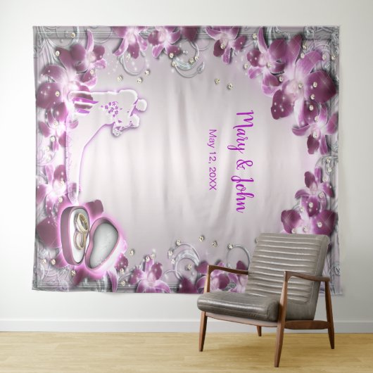 Trendy Paarse Bloemen Chic Huwelijk Achtergrond Wandkleed (In Situ (horizontaal))