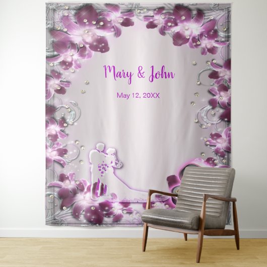 Trendy Paarse Bloemen Chic Huwelijk Achtergrond Wandkleed (In situ)