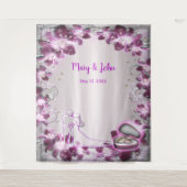 Trendy Paarse Bloemen Chic Huwelijk Achtergrond Wandkleed (Voorkant)