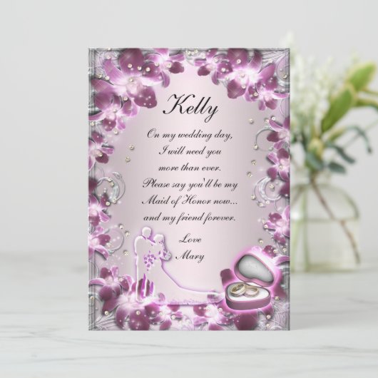 Trendy Paarse Bloemige Chic Bruidsmeisje kaart (Staand voorkant)