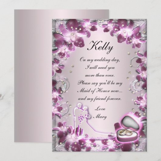 Trendy Paarse Bloemige Chic Bruidsmeisje kaart (Voorkant / Achterkant)