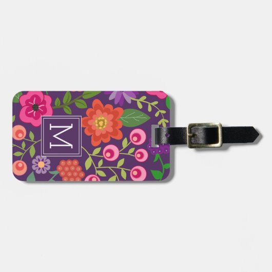 Trendy Paarse bloemmotief met aangepaste monogram Bagagelabel (Voorkant horizontaal)