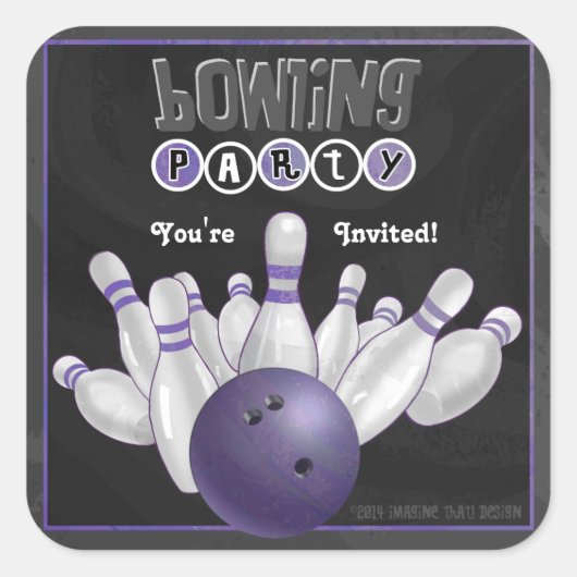 Trendy Paarse Bowling Party Nodig Sticker uit (Voorkant)