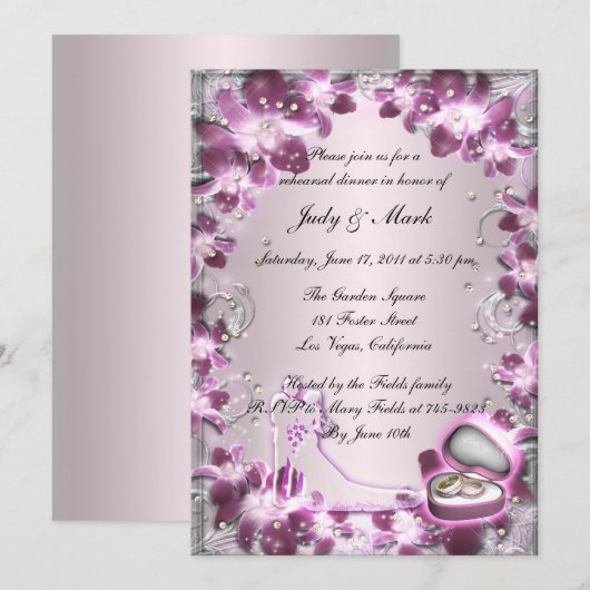 Trendy Paarse Floral Chic Rehearsal Dinner Invite Kaart (Voorkant / Achterkant)