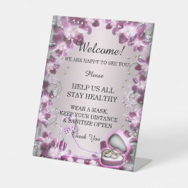 Trendy Paarse Floral Chic Wedding Safety Reclamebord Met Voetstuk