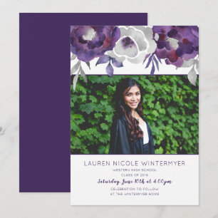 Trendy Paarse Floral foto Graduation Invitations Kaart