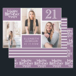 Trendy Paarse Foto Collage 21st Birthday Inpakpapier Vel<br><div class="desc">Verpak die cadeaus in stijl met dit gecoördineerde verjaardagspapierpakket. Het eerste vel is voorzien van een trendy fotocollage met ruimte voor drie foto's. U kunt de naam toevoegen van de persoon die zijn verjaardag viert, evenals zijn leeftijd en verjaardagsdatum. Het tweede vel is een coördinerende streep. Het derde vel is...</div>