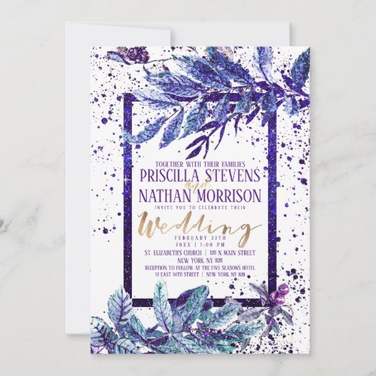 Trendy Paarse Glitter Foliage Splatter Wedding Kaart (Voorkant)