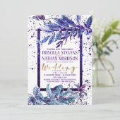 Trendy Paarse Glitter Foliage Splatter Wedding Kaart (Staand voorkant)