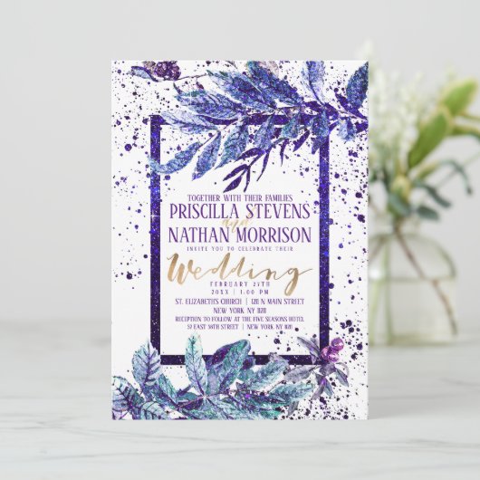 Trendy Paarse Glitter Foliage Splatter Wedding Kaart (Staand voorkant)