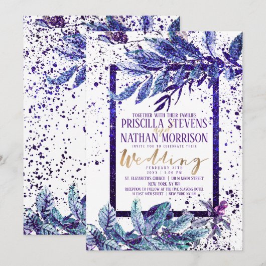Trendy Paarse Glitter Foliage Splatter Wedding Kaart (Voorkant / Achterkant)