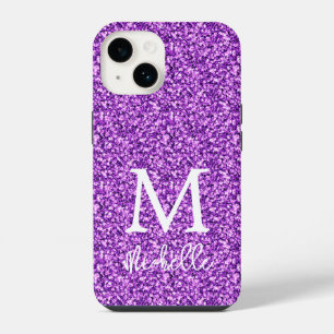 Trendy Paarse Glitter Monogram Eerste Letter Naam iPhone 14 Hoesje