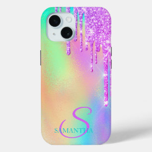 Trendy Paarse Glitterdruppels Regenboog Holografis iPhone 15 Case