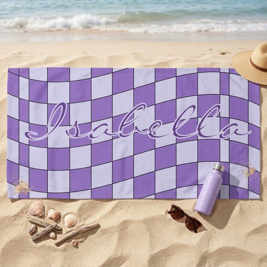 Trendy Paarse Golf Checkerboard Aangepaste Naam Strandlaken