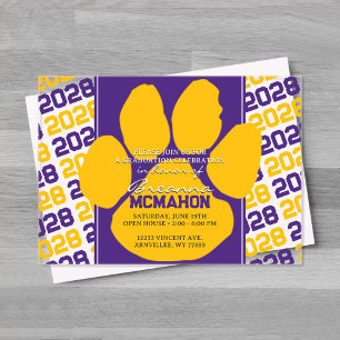 Trendy Paarse & Gouden Afstuderen Pawprint Clear Acryl Uitnodigingen