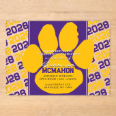 Trendy Paarse & Gouden Afstuderen Pawprint Clear Acryl Uitnodigingen (Voorkant)