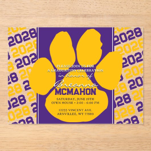 Trendy Paarse & Gouden Afstuderen Pawprint Clear Acryl Uitnodigingen (Voorkant)