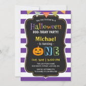 Trendy Paarse Halloween Baby First Birthday Party Kaart (Voorkant)