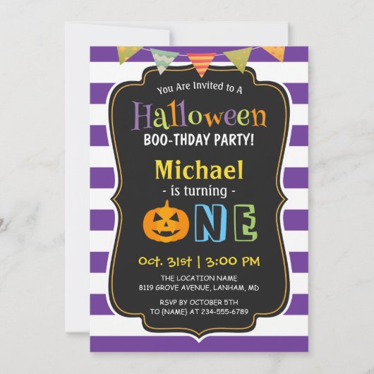 Trendy Paarse Halloween Baby First Birthday Party Kaart (Voorkant)