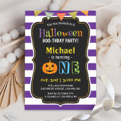 Trendy Paarse Halloween Baby First Birthday Party Kaart