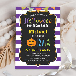Trendy Paarse Halloween Baby First Birthday Party Kaart