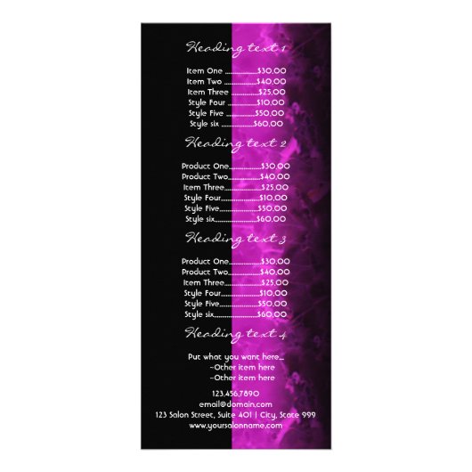 Trendy paarse kapsalon prijslijst rackkaart reclamekaart (Achterkant)