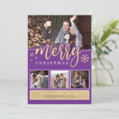 Trendy Paarse Kerst Foto Collage met Goud Feestdagenkaart (Staand voorkant)