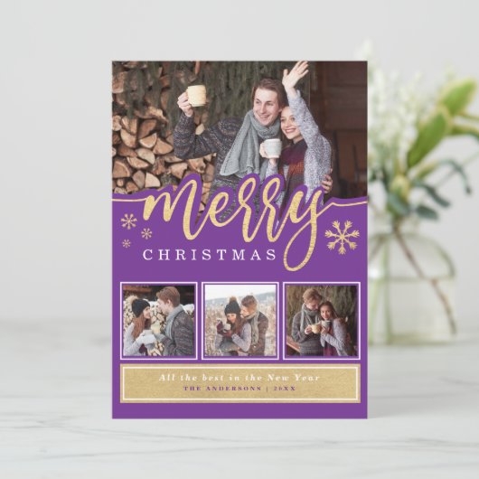 Trendy Paarse Kerst Foto Collage met Goud Feestdagenkaart (Staand voorkant)