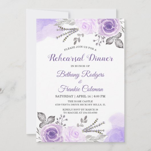 Trendy Paarse Pastel Bloemige Chic Oefenavondeten Kaart (Voorkant)