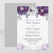 Trendy Paarse Silver Floral bruiloft nodigt 3963 u Kaart (Voorkant / Achterkant)
