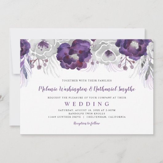 Trendy Paarse Silver Waterverf Floral bruiloft Kaart (Voorkant)
