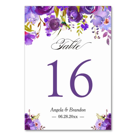 Trendy Paarse Violet Floral Wedding Table Number Kaart (Achterkant)
