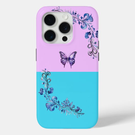 Trendy Paarse Vlinder op Pastels iPhone 15 Hoesje (Achterkant)