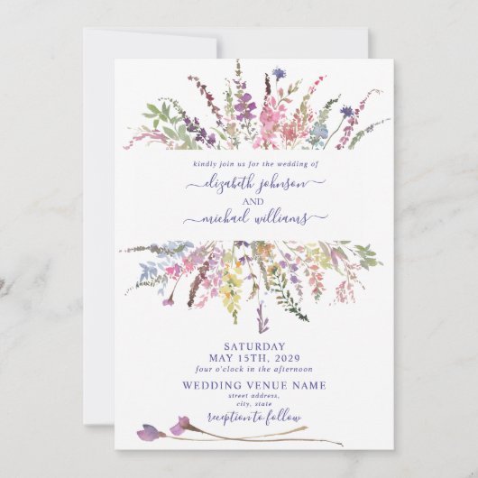 Trendy Paarse Wildflower Waterverf Floral Wedding Kaart (Voorkant)