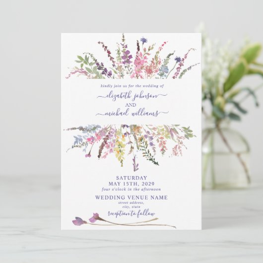 Trendy Paarse Wildflower Waterverf Floral Wedding Kaart (Staand voorkant)