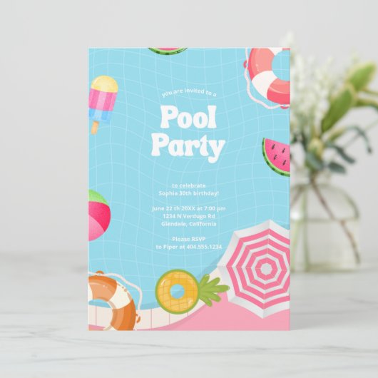 Trendy Palm Springs Pool Party Verjaardag Kaart (Staand voorkant)