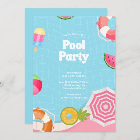 Trendy Palm Springs Pool Party Verjaardag Kaart (Voorkant / Achterkant)