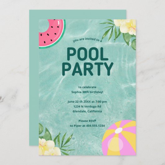 Trendy Palm Springs Pool Party Verjaardag Kaart (Voorkant / Achterkant)