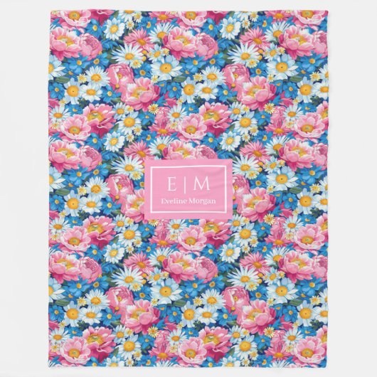 Trendy pastel blauw en roze preppy monogram fleece deken (Voorkant)