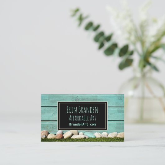 Trendy Pastel Blauwgroen Aqua Rocks & Wood Artsy D Visitekaartje (Staand voorkant)