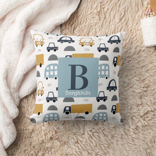 Trendy pastel blue Baby Monogram Car Pattern Kussen (Deken)