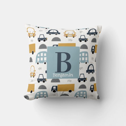 Trendy pastel blue Baby Monogram Car Pattern Kussen (Voorkant)