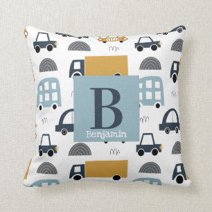 Trendy pastel blue Baby Monogram Car Pattern Kussen