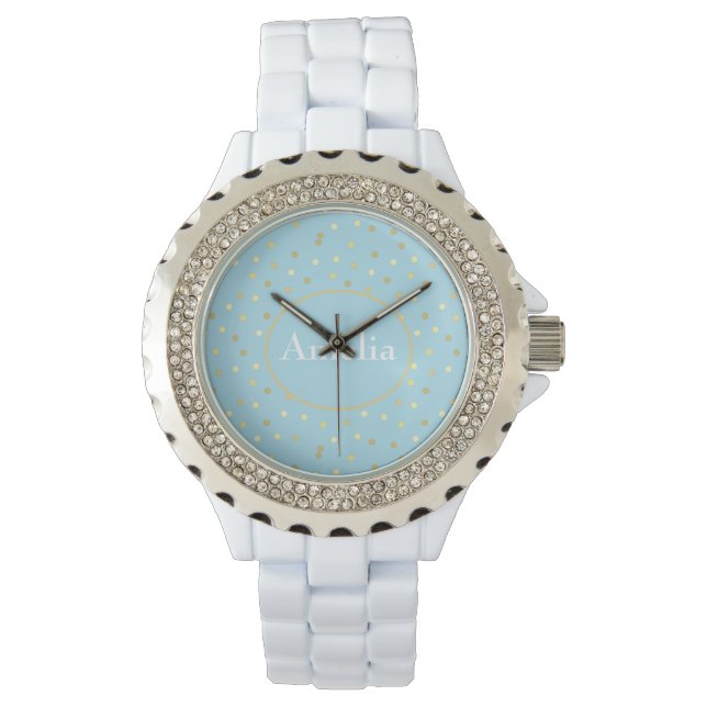 Trendy Pastel Blue Gold Confetti Stippen Horloge (Voorkant)