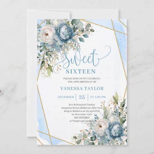 Trendy Pastel Blue White Floral Sweet Sixteen Kaart (Voorkant)