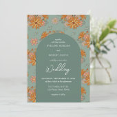 Trendy pastel kleuren retro groovy bloemen bruilof kaart (Staand voorkant)