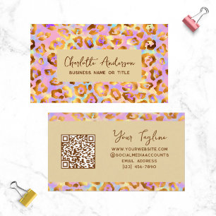 Trendy Pastel Modern Gold Leopard Print QR Code Visitekaartje