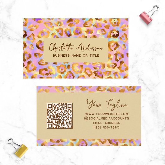 Trendy Pastel Modern Gold Leopard Print QR Code Visitekaartje